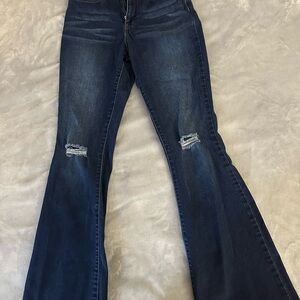 YMI Dark Blue Flare Jeans with Knee Distress